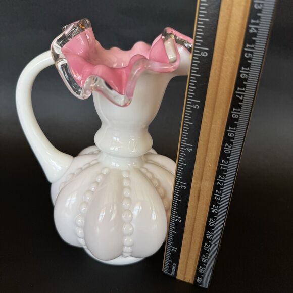 Fenton Art Glass Dusty Rose Beaded Melon Pitcher Ruffled...